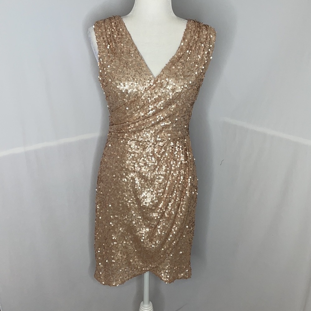 Adrianna Papell hailey rose gold sequin dress.